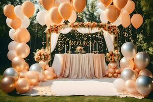 ein Hochzeit Tabelle mit Luftballons und ein Weiß Tischdecke. KI-generiert foto
