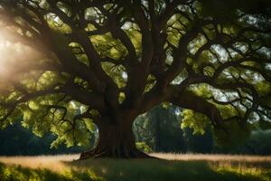 das Sonne scheint durch das Geäst von ein alt Eiche Baum. KI-generiert foto