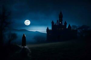 ein Frau im ein schwarz Mantel Spaziergänge gegenüber ein Schloss beim Nacht. KI-generiert foto