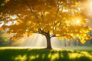 ein Baum im das Sonne mit das Sonne leuchtenden durch Es. KI-generiert foto