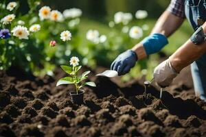 ein Person ist Pflanzen Blumen im das Garten. KI-generiert foto