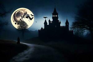Halloween Schloss mit Fledermäuse fliegend Über es beim Nacht. KI-generiert foto