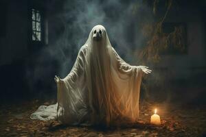 Mensch im gespenstisch Geister Kostüm fliegend Innerhalb das alt Haus beim Nacht. gespenstisch Halloween Hintergrund mit Geist. Geist auf Halloween Feier Konzept durch ai generiert foto