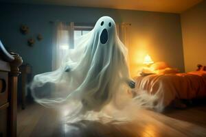 Mensch im gespenstisch Geister Kostüm fliegend Innerhalb das alt Haus beim Nacht. gespenstisch Halloween Hintergrund mit Geist. Geist auf Halloween Feier Konzept durch ai generiert foto
