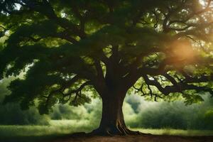 ein groß Baum ist gezeigt im das Sonne. KI-generiert foto