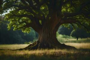 ein groß Eiche Baum im das Mitte von ein Feld. KI-generiert foto