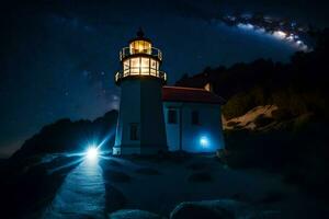 ein Leuchtturm ist zündete oben beim Nacht mit Sterne im das Himmel. KI-generiert foto