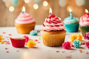 Geburtstag Cupcakes mit Kerzen. KI-generiert foto