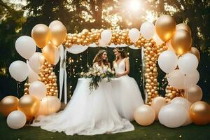 zwei Frauen im Hochzeit Kleider Stehen unter ein Gold und Weiß Ballon Bogen. KI-generiert foto