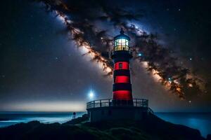 ein Leuchtturm mit ein rot und Weiß Licht leuchtenden im das Nacht Himmel. KI-generiert foto