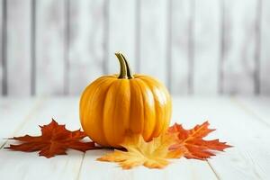 dekorativ Kürbis Hintergrund und trocken Herbst Blätter auf hölzern Anordnung drinnen. Halloween Konzept durch ai generiert foto