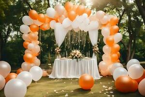 ein draussen Hochzeit mit Orange und Weiß Luftballons. KI-generiert foto