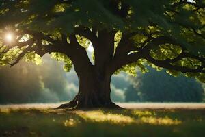 das Sonne scheint durch das Blätter von ein groß Baum. KI-generiert foto