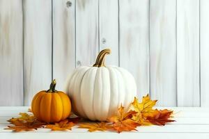 dekorativ Kürbis Hintergrund und trocken Herbst Blätter auf hölzern Anordnung drinnen. Halloween Konzept durch ai generiert foto