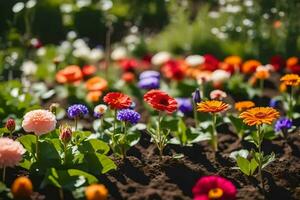 bunt Blumen im ein Garten. KI-generiert foto