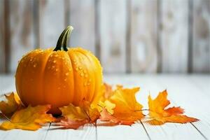 dekorativ Kürbis Hintergrund und trocken Herbst Blätter auf hölzern Anordnung drinnen. Halloween Konzept durch ai generiert foto