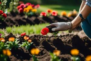 ein Person ist Pflanzen Blumen im ein Garten. KI-generiert foto