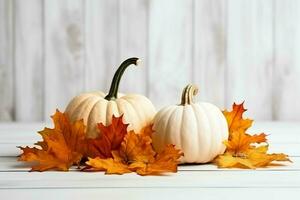 dekorativ Kürbis Hintergrund und trocken Herbst Blätter auf hölzern Anordnung drinnen. Halloween Konzept durch ai generiert foto