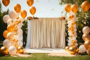 ein Hochzeit Hintergrund mit Gold Luftballons und Weiß Vorhänge. KI-generiert foto