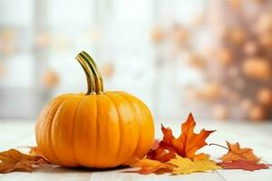 dekorativ Kürbis Hintergrund und trocken Herbst Blätter auf hölzern Anordnung drinnen. Halloween Konzept durch ai generiert foto