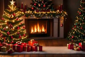 Weihnachten Baum und die Geschenke im Vorderseite von Kamin. KI-generiert foto
