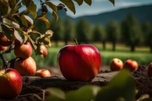 ein Apfel ist Sitzung auf das Boden im Vorderseite von ein Baum. KI-generiert foto