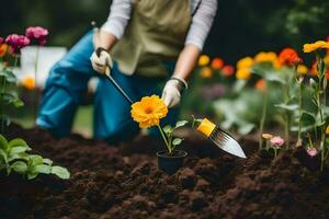 ein Frau ist Pflanzen Blumen im das Garten. KI-generiert foto