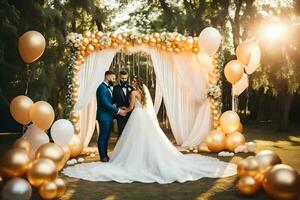 Hochzeit Zeremonie im das Park mit Gold Luftballons. KI-generiert foto