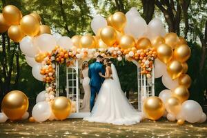 Hochzeit Paar im Vorderseite von ein golden Bogen mit Weiß und Gold Luftballons. KI-generiert foto