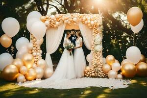 Hochzeit Paar im Vorderseite von ein Gold und Weiß Ballon Bogen. KI-generiert foto