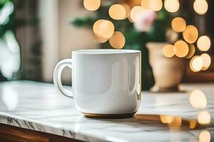 ein Weiß Kaffee Tasse Sitzung auf ein Marmor Schalter. KI-generiert foto