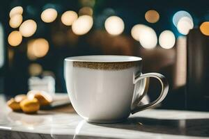 ein Weiß Tasse mit ein golden Rand sitzt auf ein Tisch. KI-generiert foto