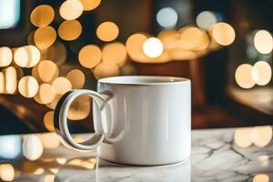 ein Weiß Kaffee Becher auf ein Tabelle im Vorderseite von ein verschwommen Hintergrund. KI-generiert foto