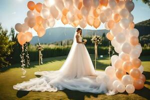 ein Braut Stehen unter ein Bogen von Luftballons. KI-generiert foto