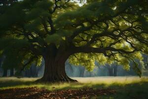 ein Eiche Baum im das Mitte von ein Feld. KI-generiert foto