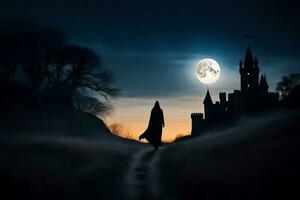 ein Person Gehen im das dunkel mit ein Schloss im das Hintergrund. KI-generiert foto