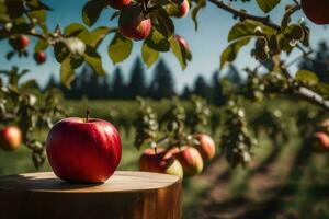 ein Apfel sitzt auf oben von ein hölzern Stumpf im ein Apfel Obstgarten. KI-generiert foto