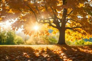 Herbst Baum mit Sonne leuchtenden durch Blätter. KI-generiert foto