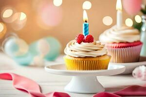 zwei Cupcakes mit Kerzen auf ein Kuchen Stand. KI-generiert foto