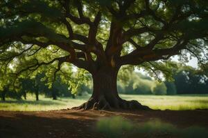 ein groß Baum im das Mitte von ein Feld. KI-generiert foto