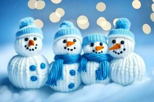 Schneemänner im Blau und Weiß Hüte und Schals. KI-generiert foto