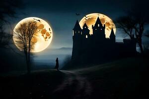 ein Schloss mit ein voll Mond im das Hintergrund. KI-generiert foto