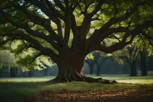 ein groß Baum im ein Park mit Grün Blätter. KI-generiert foto