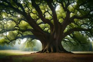 ein alt Eiche Baum ist gezeigt im ein Feld. KI-generiert foto