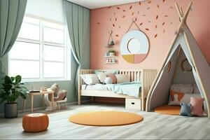 modern Kind Schlafzimmer Innere Design im Haus mit Dekoration Kinder. bunt Kinder Schlafzimmer Konzept durch ai generiert foto