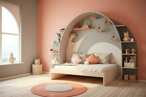 modern Kind Schlafzimmer Innere Design im Haus mit Dekoration Kinder. bunt Kinder Schlafzimmer Konzept durch ai generiert foto