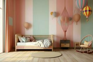 modern Kind Schlafzimmer Innere Design im Haus mit Dekoration Kinder. bunt Kinder Schlafzimmer Konzept durch ai generiert foto