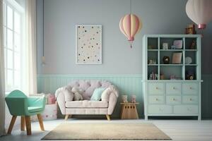 modern Kind Schlafzimmer Innere Design im Haus mit Dekoration Kinder. bunt Kinder Schlafzimmer Konzept durch ai generiert foto