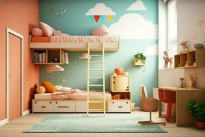 modern Kind Schlafzimmer Innere Design im Haus mit Dekoration Kinder. bunt Kinder Schlafzimmer Konzept durch ai generiert foto