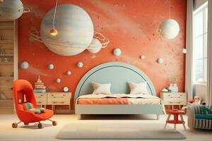 modern Kind Schlafzimmer Innere Design im Haus mit Dekoration Kinder. bunt Kinder Schlafzimmer Konzept durch ai generiert foto